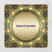 Peacock Feathers Gold Glow Indian Wedding Invite Programmakaart (Voorkant)