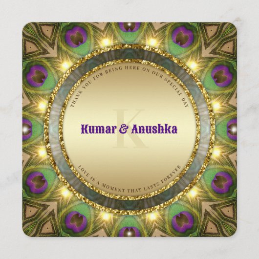 Peacock Feathers Gold Glow Indian Wedding Invite Programmakaart (Voorkant)