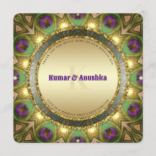 Peacock Feathers Gold Glow Indian Wedding Invite Programmakaart