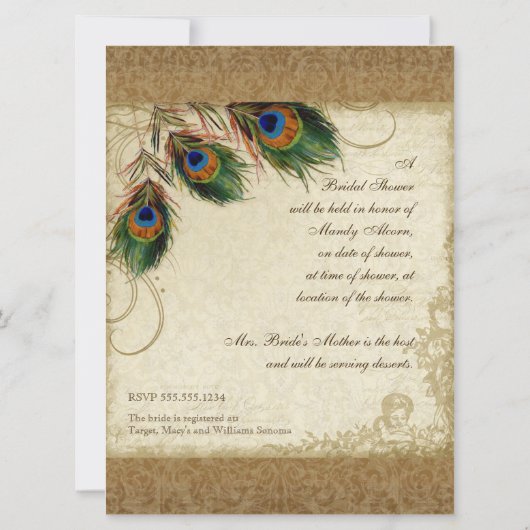 Peacock & Feathers Gold Kijk Damask Swirl Kaart (Achterkant)