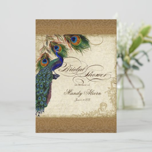 Peacock & Feathers  Gold Kijk Damask Swirl Kaart (Staand voorkant)