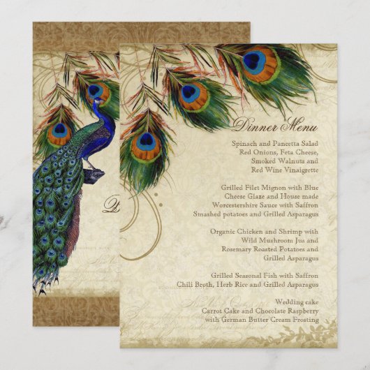 Peacock & Feathers  Gold Kijk Damask Swirl Menu (Voorkant / Achterkant)
