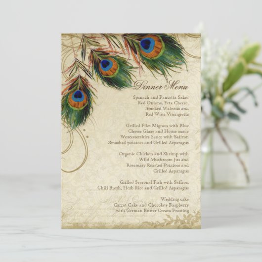 Peacock & Feathers  Gold Kijk Damask Swirl Menu (Staand voorkant)