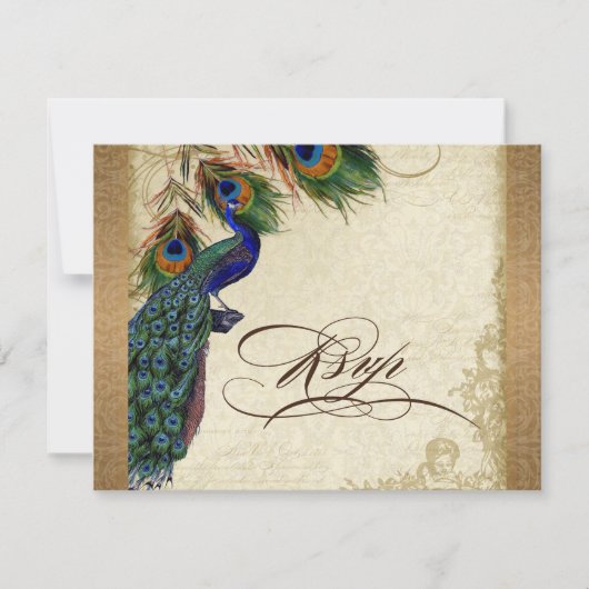 Peacock & Feathers  Gold Kijk Damask Swirl RSVP Kaartje (Voorkant)