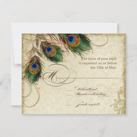 Peacock & Feathers Gold Kijk Damask Swirl RSVP Kaartje (Achterkant)