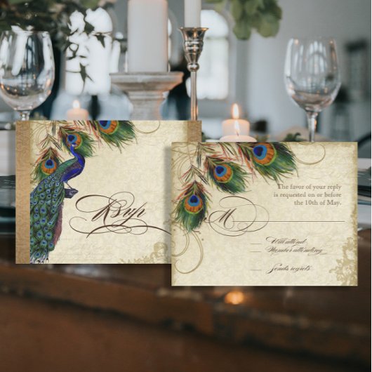 Peacock & Feathers Gold Kijk Damask Swirl RSVP Kaartje