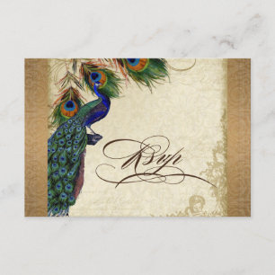 Peacock & Feathers Gold Kijk Damask Swirl RSVP Kaartje