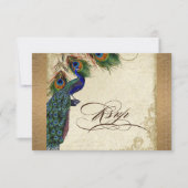 Peacock & Feathers Gold Kijk Damask Swirl RSVP Kaartje (Voorkant)