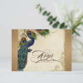 Peacock & Feathers Gold Kijk Damask Swirl RSVP Kaartje (Staand voorkant)