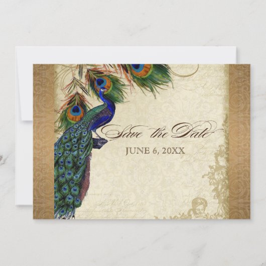 Peacock & Feathers  Gold Kijk Damask Swirl Save The Date (Voorkant)