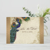 Peacock & Feathers  Gold Kijk Damask Swirl Save The Date (Staand voorkant)