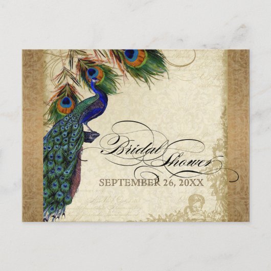 Peacock & Feathers  Gold Kijk Damask Swirl Uitnodiging Briefkaart (Voorkant)