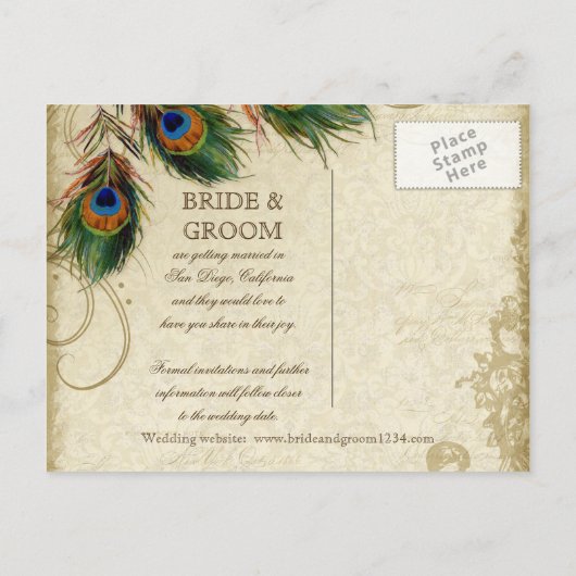 Peacock & Feathers  Gold Kijk Damask Swirl Uitnodiging Briefkaart (Achterkant)