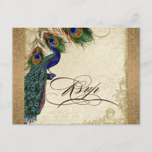 Peacock & Feathers  Gold Kijk Damask Swirl Uitnodiging Briefkaart
