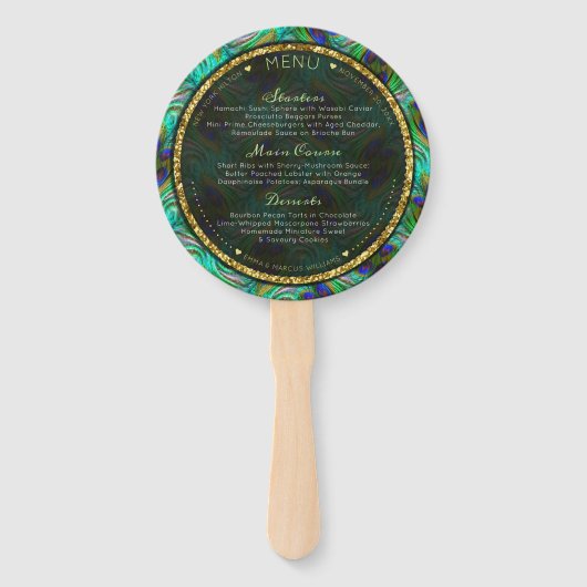 Peacock Feathers Gold Round Weduwen Menu Handwaaier (Achterkant)