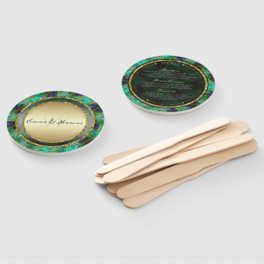 Peacock Feathers Gold Round Weduwen Menu Handwaaier (Niet-gemonteerd)