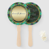 Peacock Feathers Gold Round Weduwen Menu Handwaaier (Voorkant en achterkant)