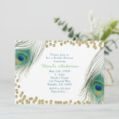 Peacock Feathers & Gold Stippen Boho Glam Invitati Kaart (Staand voorkant)