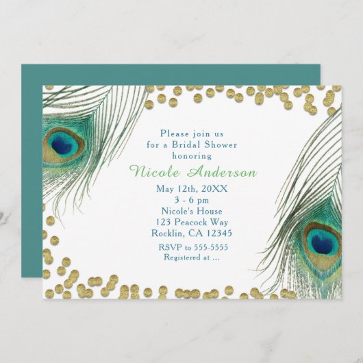 Peacock Feathers & Gold Stippen Boho Glam Invitati Kaart (Voorkant / Achterkant)