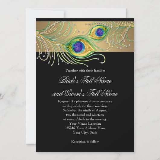 Peacock Feathers Goud In Zwart Modern Jewel Swirl Kaart (Voorkant)