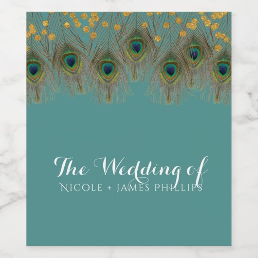 Peacock Feathers & Gouden Stippen ELKE KLEUR Party Wijn Etiket (Enkel label)