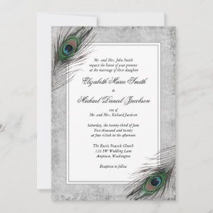  Peacock Feathers Gray Wedding Invitations Kaart