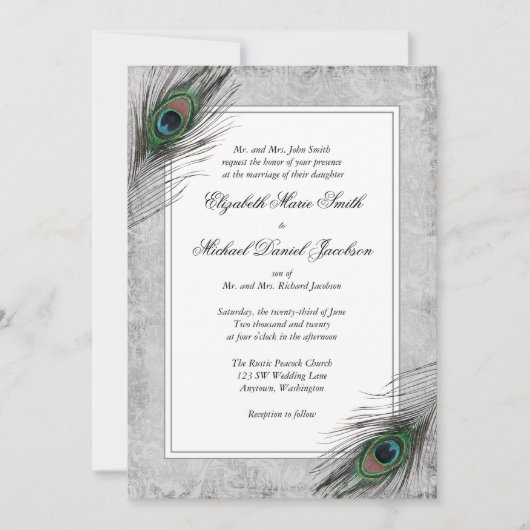  Peacock Feathers Gray Wedding Invitations Kaart (Voorkant)