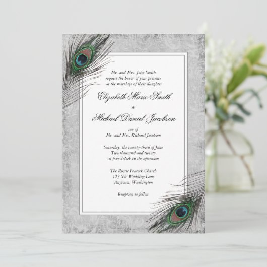  Peacock Feathers Gray Wedding Invitations Kaart (Staand voorkant)