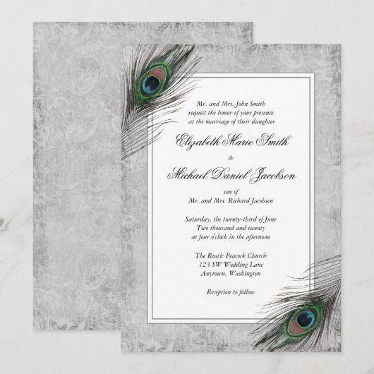  Peacock Feathers Gray Wedding Invitations Kaart (Voorkant / Achterkant)