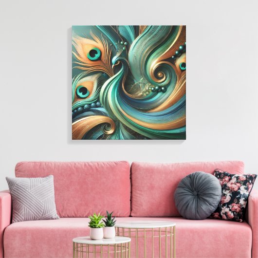 Peacock Feathers in Abstract Flow Canvas Art (Insitu (Woonkamer))