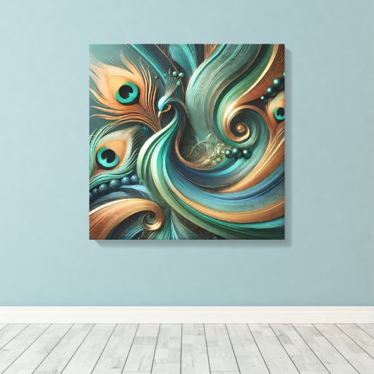 Peacock Feathers in Abstract Flow Canvas Art (Insitu (Houten vloer))