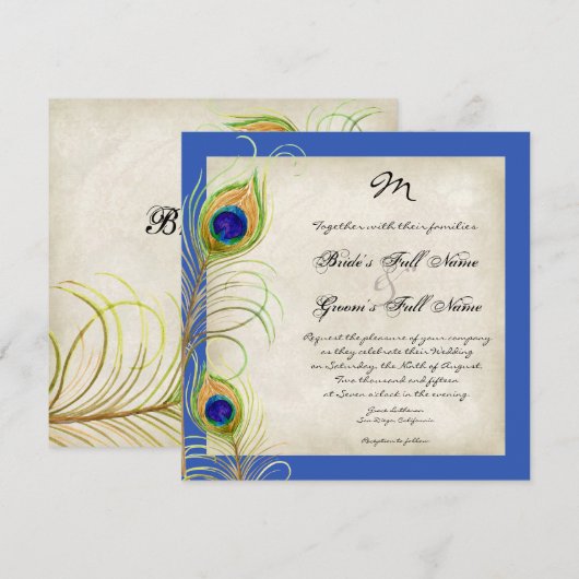 Peacock Feathers Koninklijke Blauwe Bruiloft uitno Kaart (Voorkant / Achterkant)