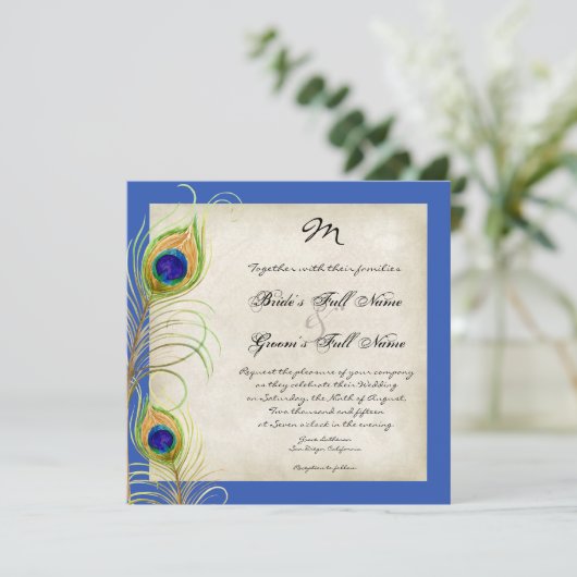Peacock Feathers Koninklijke Blauwe Bruiloft uitno Kaart (Staand voorkant)