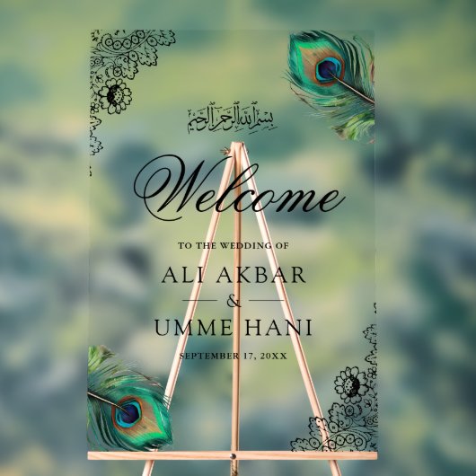 Peacock Feathers Lace Muslim Wedding Welcome Acryl Bord (Neutraal)