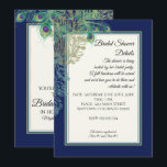 Peacock Feathers Marine Vrijgezellenfeest Kaart<br><div class="desc">Marineblauw Peacock thema Bridal Shower Uitnodiging voor een elegante,  vintage trouwstijl. Marineblauwe achtergrond met  pauw,  handgeschilderde waterverf pauwenveren en antiek printer ornament etsen scroll bloeien in een modern stijlontwerp. Audrey Jeanne Roberts.</div>