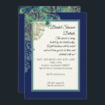 Peacock Feathers Marine Vrijgezellenfeest Kaart<br><div class="desc">Marineblauw Peacock thema Bridal Shower Uitnodiging voor een elegante,  vintage trouwstijl. Marineblauwe achtergrond met  pauw,  handgeschilderde waterverf pauwenveren en antiek printer ornament etsen scroll bloeien in een modern stijlontwerp. Audrey Jeanne Roberts.</div>