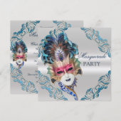 Peacock Feathers Mask Masquerade Party Silver Kaart (Voorkant / Achterkant)