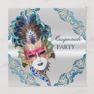 Peacock Feathers Mask Masquerade Party Silver Kaart