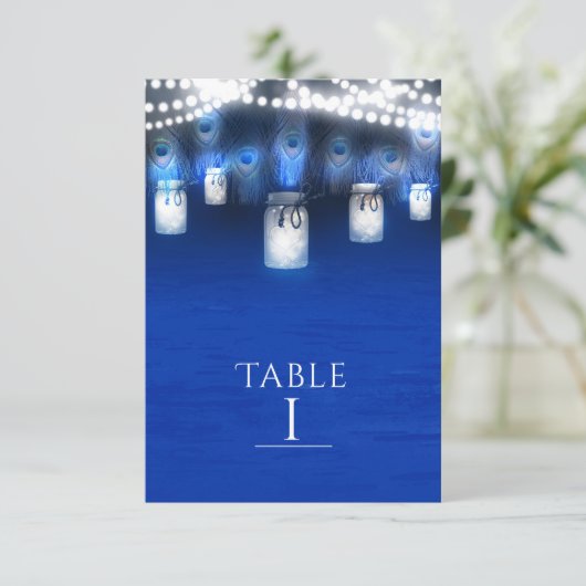 Peacock Feathers, Mason Jar & Lights Table Number Kaart (Staand voorkant)