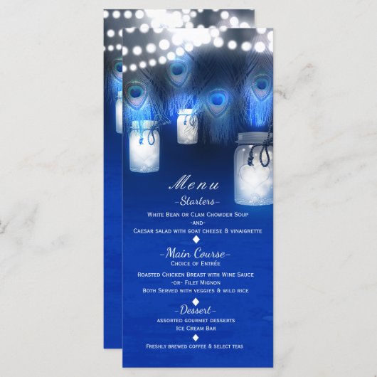 Peacock Feathers, Mason Jar & String Lights Menu (Voorkant / Achterkant)