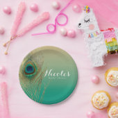 Peacock Feathers, Mason Jar & String Lights Party Papieren Bordje (Feest)