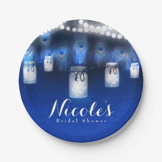 Peacock Feathers, Mason Jar & String Lights Party Papieren Bordje (Voorkant)