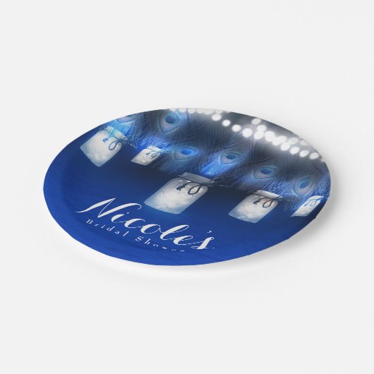 Peacock Feathers, Mason Jar & String Lights Party Papieren Bordje (Gekanteld)