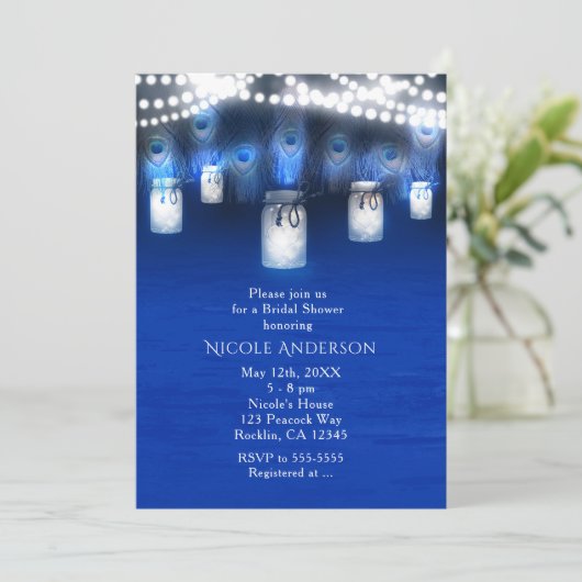 Peacock Feathers, Mason Jar & String Lights Rustic Kaart (Staand voorkant)