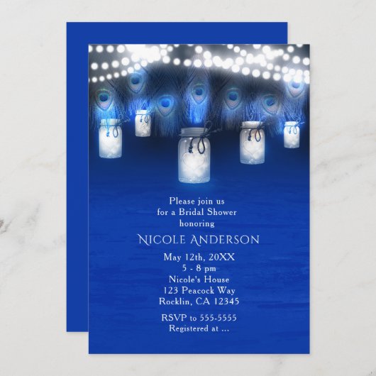 Peacock Feathers, Mason Jar & String Lights Rustic Kaart (Voorkant / Achterkant)