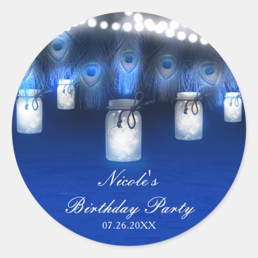 Peacock Feathers, Mason Jar & String Lights Rustic Ronde Sticker (Voorkant)