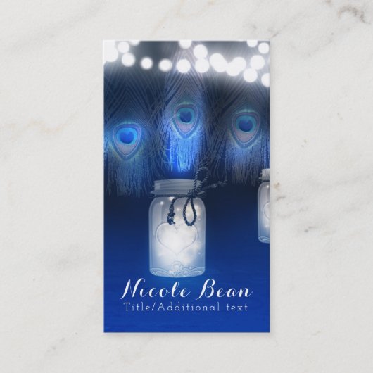 Peacock Feathers, Mason Jar & String Lights Rustic Visitekaartje (Voorkant)