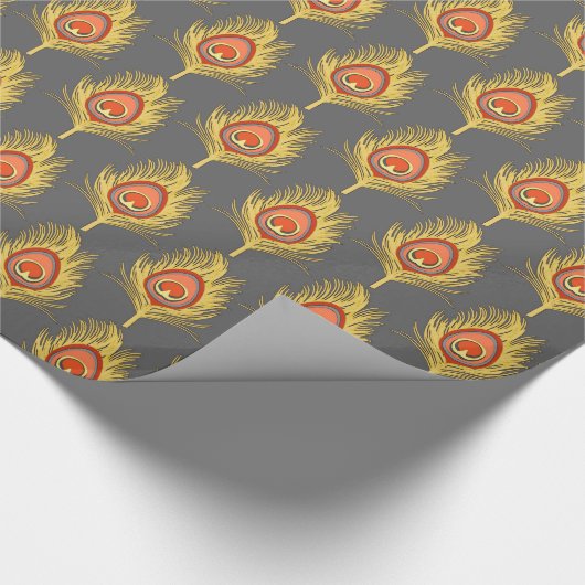 Peacock Feathers, mosterdgeel op grijs / grijs Cadeaupapier (Hoek)