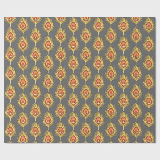 Peacock Feathers, mosterdgeel op grijs / grijs Cadeaupapier (Vlak)