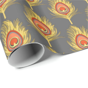 Peacock Feathers, mosterdgeel op grijs / grijs Cadeaupapier